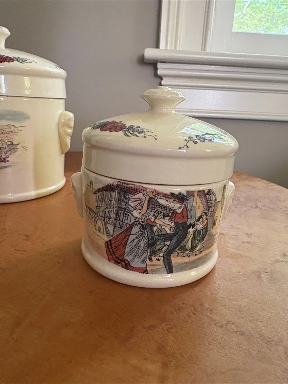 Vintage Illustrated Ceramic Canister Set — Cream with Multicolor Scene